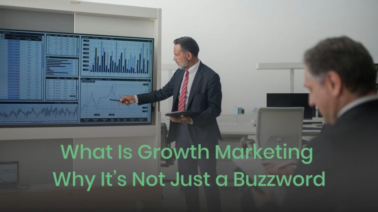 Business professional presenting marketing growth charts on a large screen during a meeting.