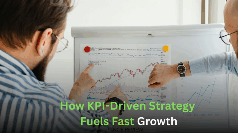 Two professionals analyzing KPI charts on a whiteboard with the title “How KPI-Driven Strategy Fuels Fast Growth” displayed above.
